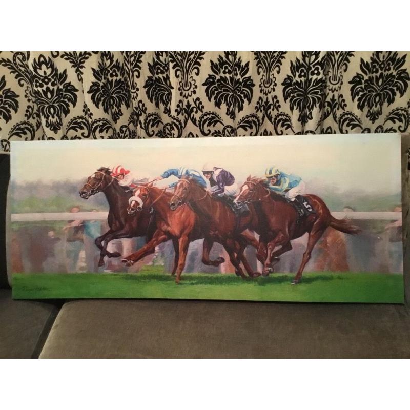 Really nice, large size horse racing print/canvas. 4 feet X 20 in.