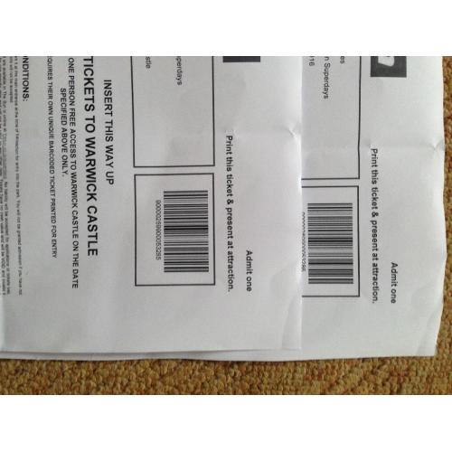Warwick Castle tickets x2 16/08/16