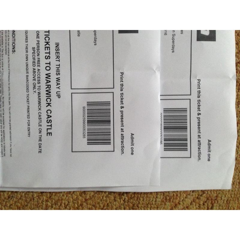 Warwick Castle tickets x2 16/08/16