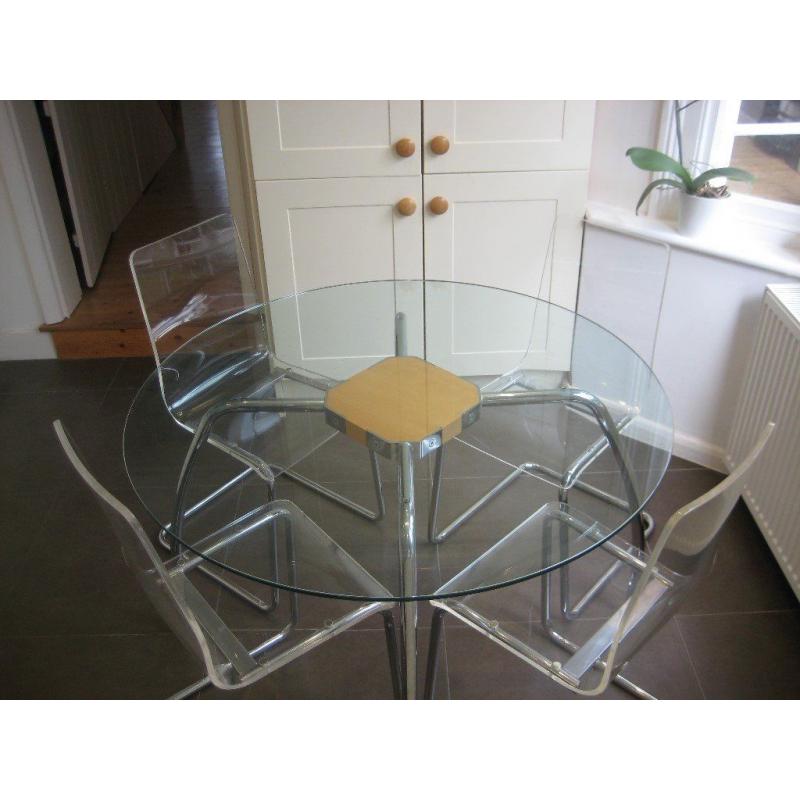 John Lewis Glass Round Table and 4 Clear Acrylic Chairs