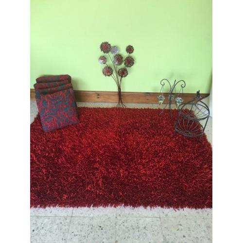 Thick red rug, metal wall art . Cushions