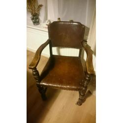 Antique leather studded dining chairs x4
