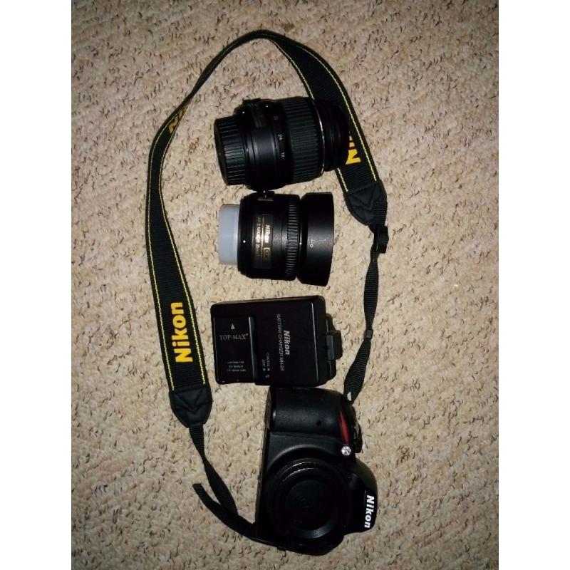 Nikon DSLR (D3200) w/ 2 lenses and spare battery
