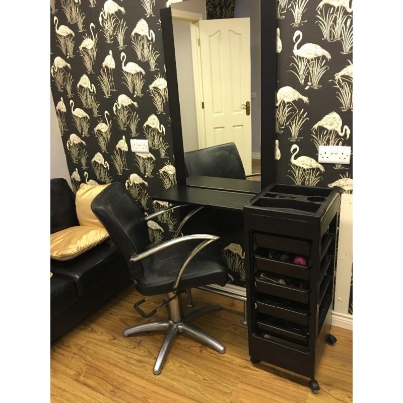 Hairdressing mirror, chair and trolley
