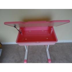 Height adjustable childs pink study desk with lifting lid & storage plus Chair