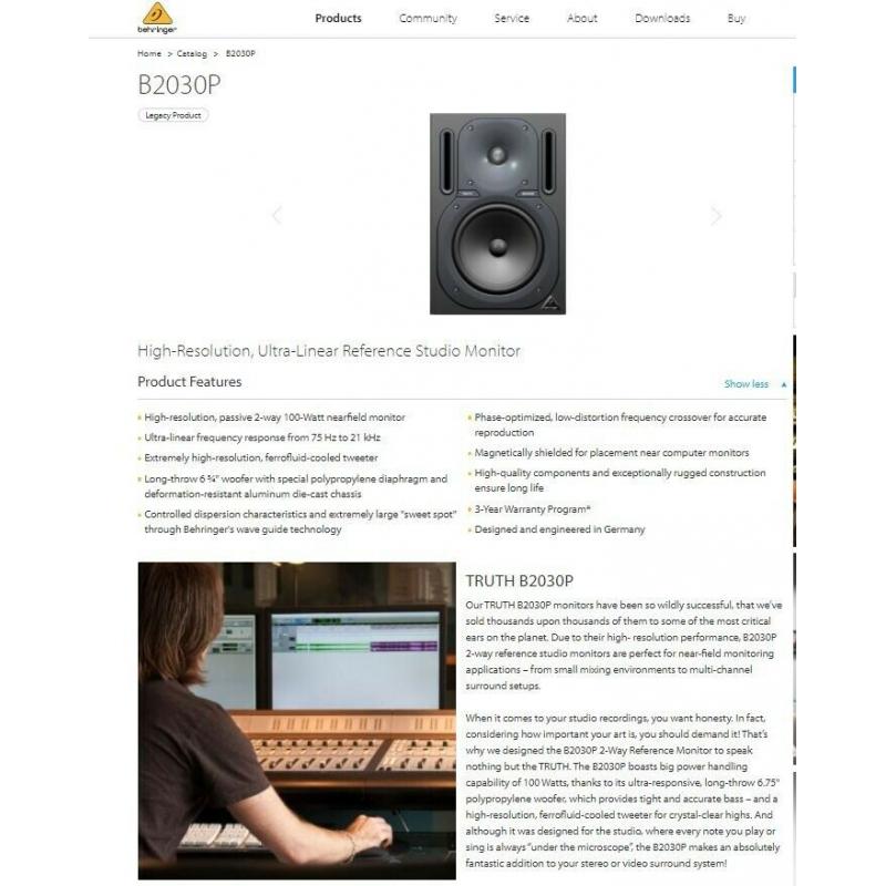Behringer Truth Monitors B2030P As-new condition.