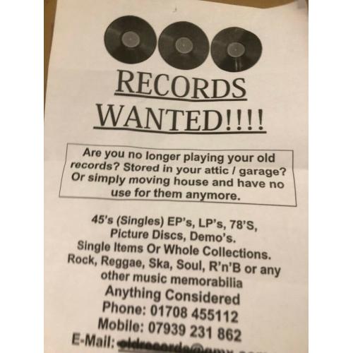 RECORDS WANTED ESSEX AND LONDON BEST PRICES LP,s 45,s 50s - COLLECTION & SAME DAY CASH PAYMENT