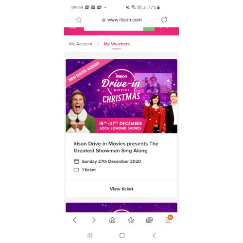 1 ticket for Itison Drive-In Movie...Greatest Showman...Sun 27 Dec