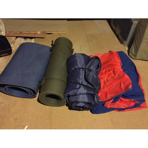 Air bed, single sleeping bag and 2 foam sleeping pads