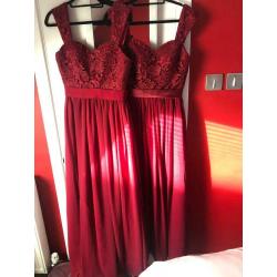 2x burgundy chiffon and lace bridesmaid dresses