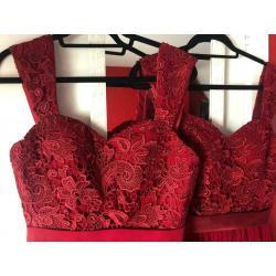 2x burgundy chiffon and lace bridesmaid dresses