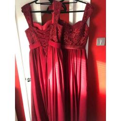 2x burgundy chiffon and lace bridesmaid dresses