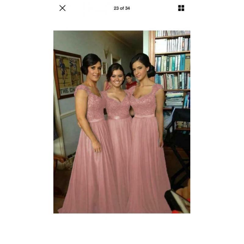 2x burgundy chiffon and lace bridesmaid dresses