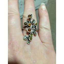 Rare Silver Amber Honey ring size S to T Beautiful Nature Lilly Pad Tree