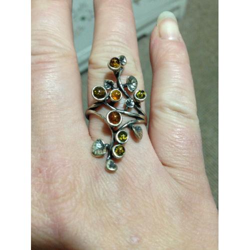 Rare Silver Amber Honey ring size S to T Beautiful Nature Lilly Pad Tree