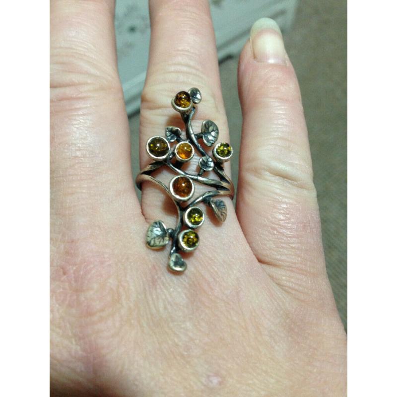 Rare Silver Amber Honey ring size S to T Beautiful Nature Lilly Pad Tree