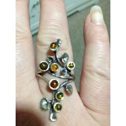 Rare Silver Amber Honey ring size S to T Beautiful Nature Lilly Pad Tree