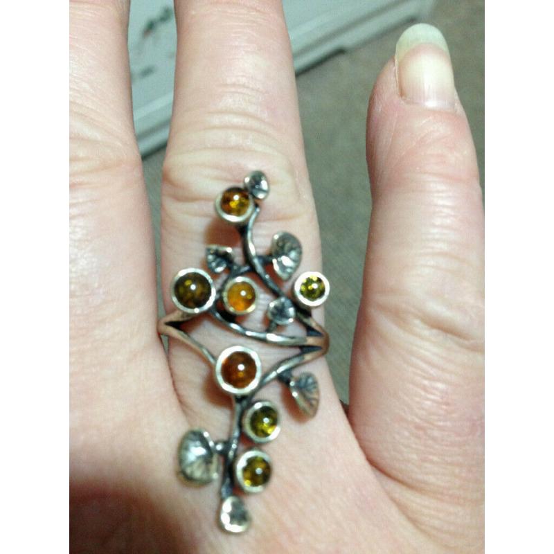 Rare Silver Amber Honey ring size S to T Beautiful Nature Lilly Pad Tree