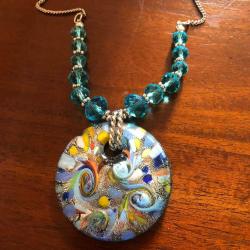 Murano Glass Blue Multi Colour with Foil Inclusions Pendant Statement Necklace