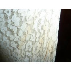 Vintage 1950s lace satin-lined wedding dress with fitted bodice and full skirt, calf / ankle length