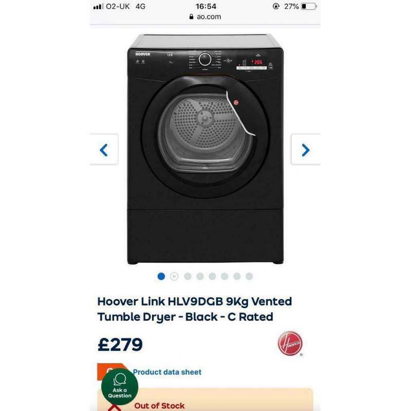 New Black Hoover Tumble Dryer