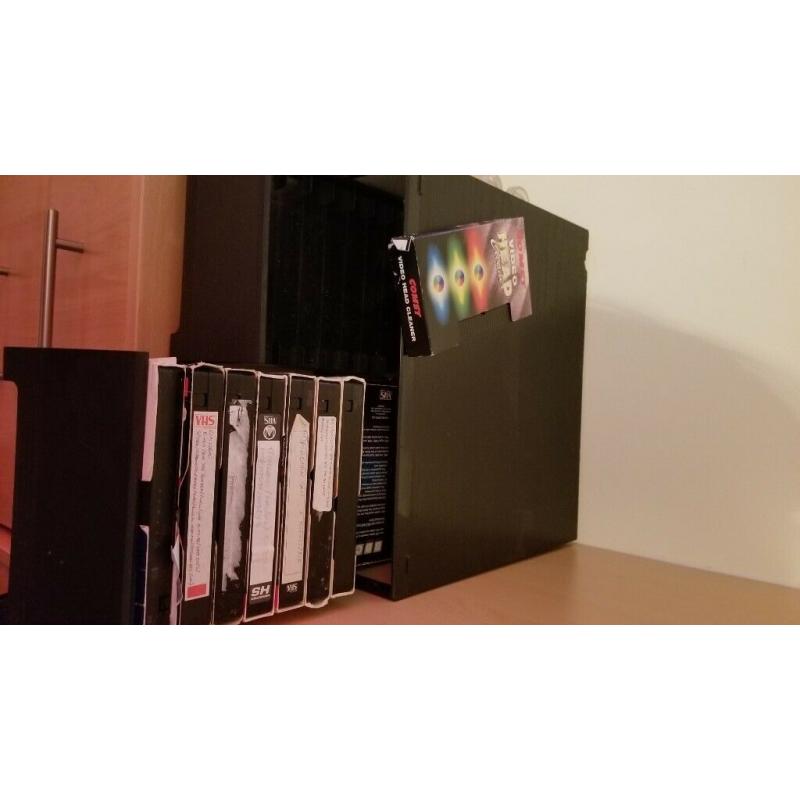 LARGE BUNDLE OF VHS VIDEO TAPES + HEAD CLEANER & STORAGE BOX (Disney, Batman, TV, movies, musicals )
