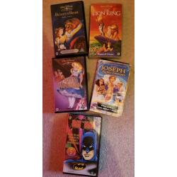 LARGE BUNDLE OF VHS VIDEO TAPES + HEAD CLEANER & STORAGE BOX (Disney, Batman, TV, movies, musicals )