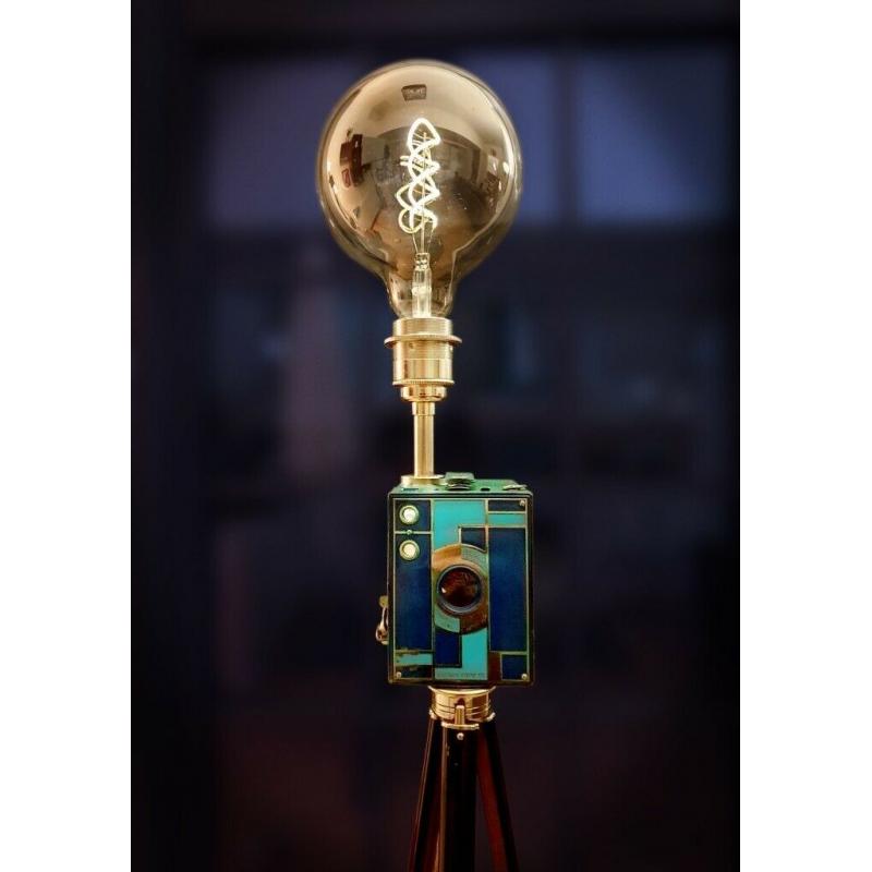 Upcycled Vintage 1930s Art Deco Kodak Beau Blue Tripod Lamp
