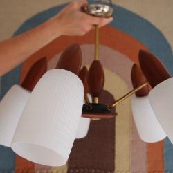 Mid Century Vintage Teak /Milk Glass Ceiling Light