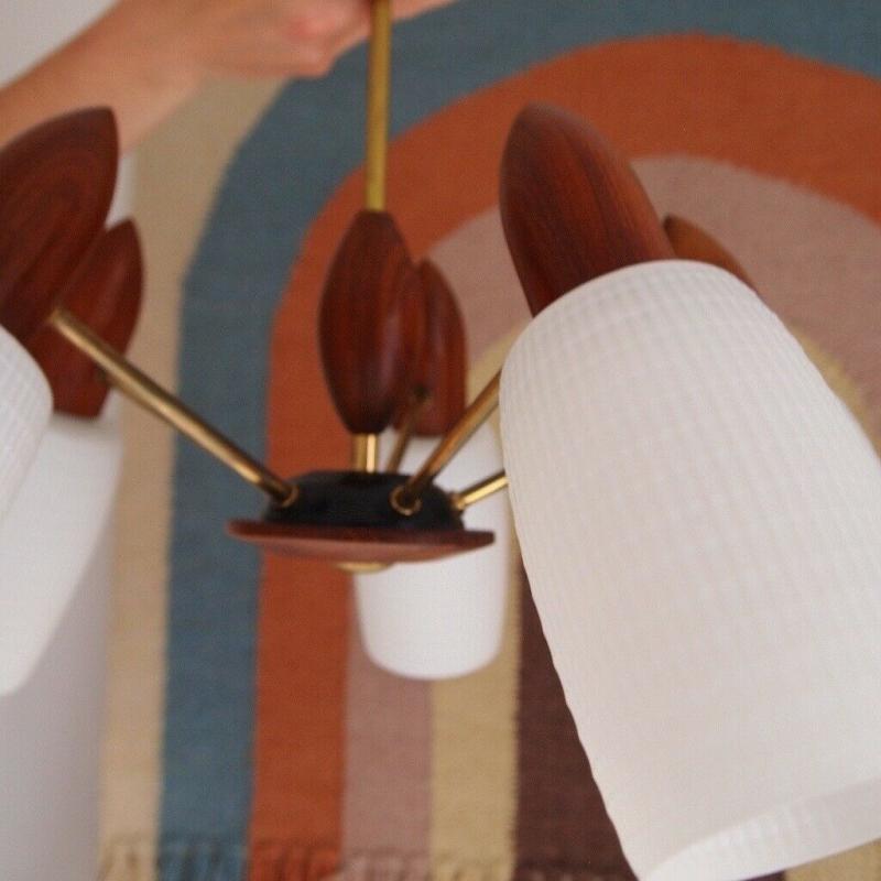 Mid Century Vintage Teak /Milk Glass Ceiling Light