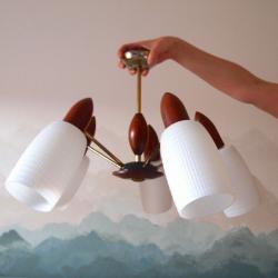 Mid Century Vintage Teak /Milk Glass Ceiling Light