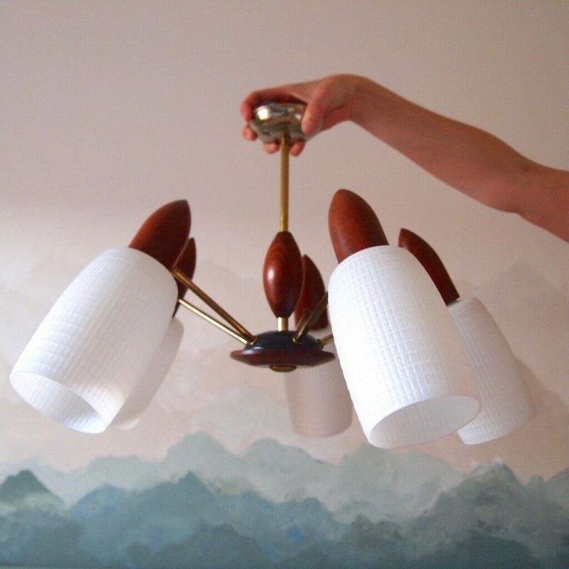 Mid Century Vintage Teak /Milk Glass Ceiling Light