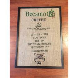 Coffee, cafe art. Framed coffee sack
