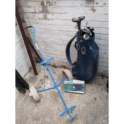 Vintage Assorted Golf Clubs, Wilson Golf Bag, and Golf Trolley