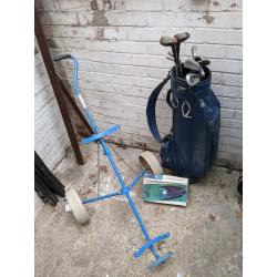 Vintage Assorted Golf Clubs, Wilson Golf Bag, and Golf Trolley
