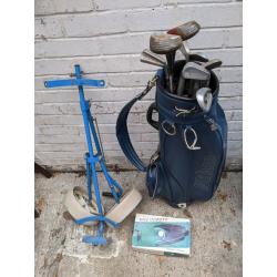 Vintage Assorted Golf Clubs, Wilson Golf Bag, and Golf Trolley